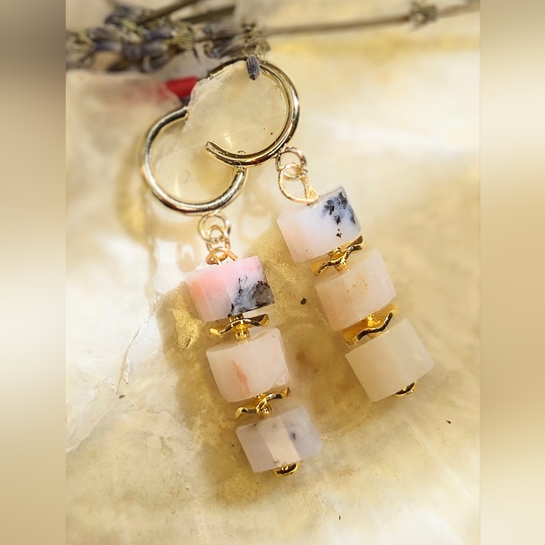 Natural Pink Opal In Exquisite Three Tier Wheel In 18k Gold Plated Earrings